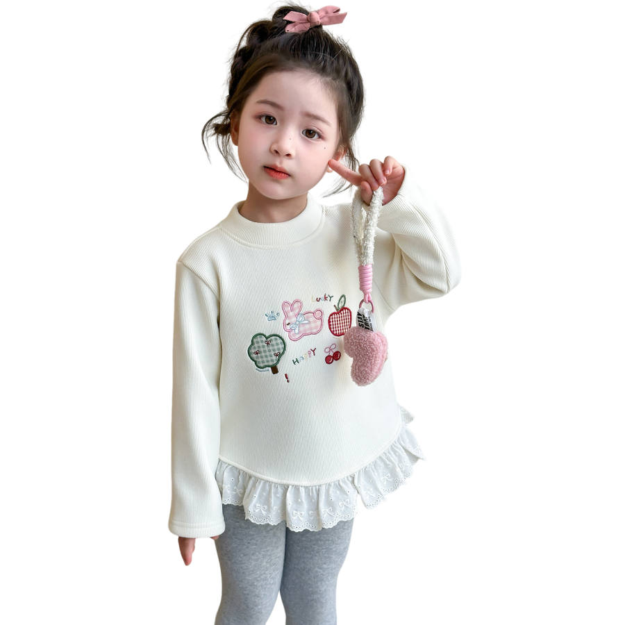 Lanza Casual Sweatshirt Winter Fleece Lined Thermal Cartoon Lace Trims Base Layer Beige Yellow