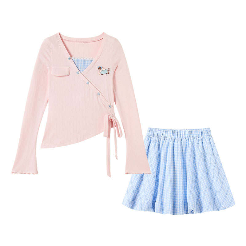 FABRIC PIG Two Piece Skirt Sets Women's Mock Two Piece Top+Short Skirt Crew Neck Moderate Short