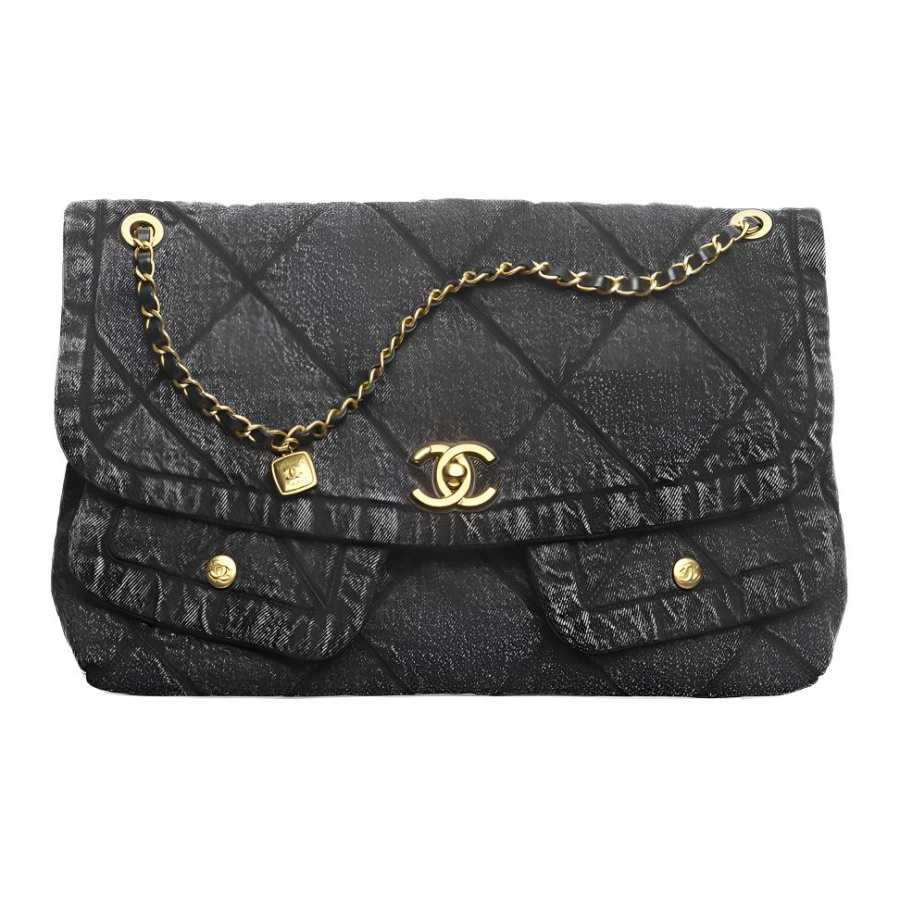 CHANEL Denim Material Gold Metal Flap Bag Shoulder Bag Women's Black
