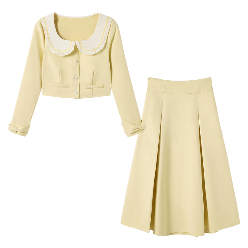 FABRIC PIG Two Piece Skirt Sets Women's Yellow Top+Skirt+Brooch+School Badge Peter Pan Collar Moderate Long