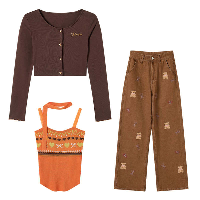 FABRIC PIG Casual Suits Women's Brown Cardigan+Camisole+Pants Moderate