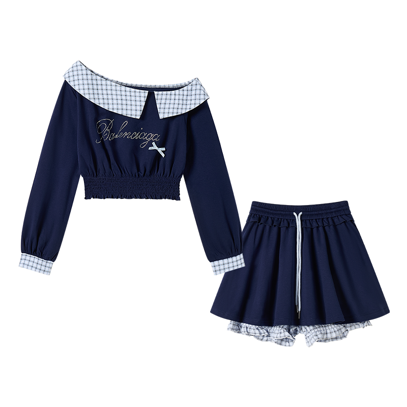 FABRIC PIG Two Piece Skirt Sets Women's Blue Top+Short Skirt Asymmetrical Collar Moderate Short