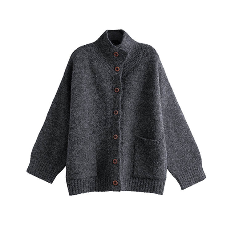 Tonlion Knitwear Women's Dark Heather Gray Stand Collar Moderate Cardigan