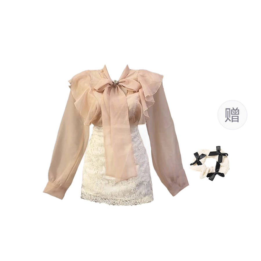 CPAURA Two Piece Skirt Sets Women's Ribbon Collar Moderate Short