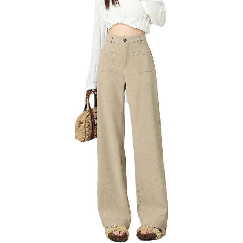 Tonlion Casual Pants Women's Gray Pea Green Thickened And Fleece Lined Wide Leg Pants