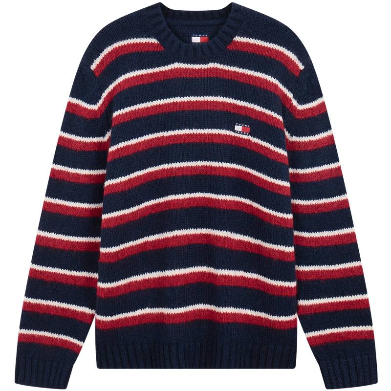 Tommy Hilfiger Knitwear Men's Navy Blue Red White Stripes XJ7 Crew Neck Moderate