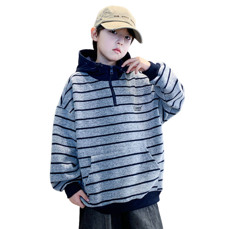 Lanza Casual Sweatshirt Winter Fleece Lined Stripes Hooded Letter Top Navy Blue Teenagers
