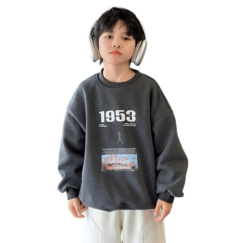 Lanza Casual Sweatshirt Winter Fleece Lined Cool Guy Letter Pattern Top Dark Heather Gray Teenagers