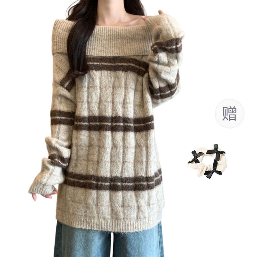 CPAURA Knitwear Women's Image Color+Hair Tie Included Boat Neck Moderate Base Layer