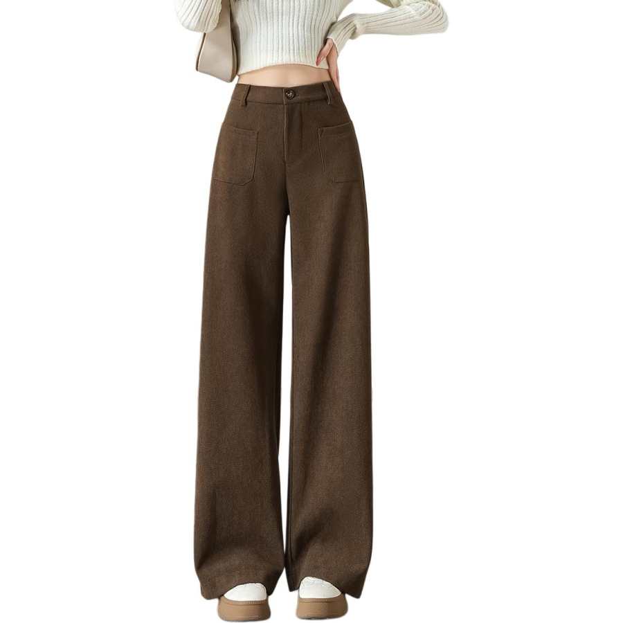 Tonlion Casual Pants Women's Coffee Thickened And Fleece Lined Wide Leg Pants