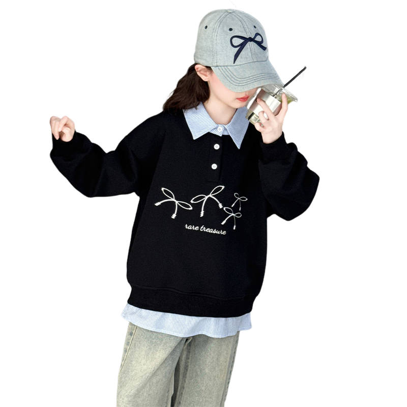 Lanza Casual Sweatshirt Winter Fleece Lined Patchwork Bowknot Embroidery Top Teenagers