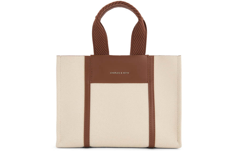CHARLES&KEITH PU Stitched Canvas Handbag Medium Women's Beige Brown