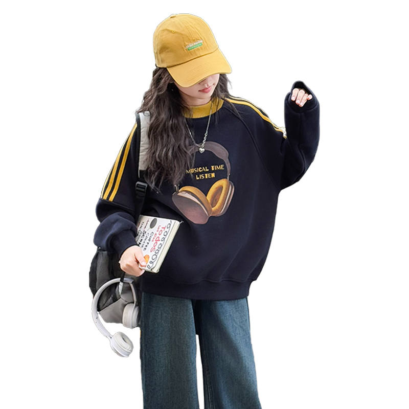 Lanza Casual Sweatshirt Winter Thickened And Fleece Lined Cartoon Print Top Navy Blue Teenagers