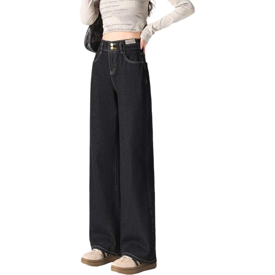 Tonlion Jeans Women's Black Thickened And Fleece Lined Wide Leg Pants