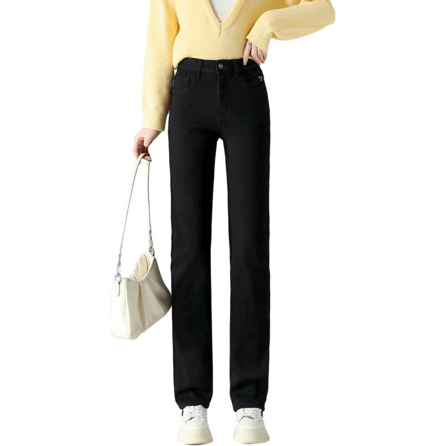 Tonlion Jeans Women's Black Thickened And Fleece Lined Straight Fit Pants