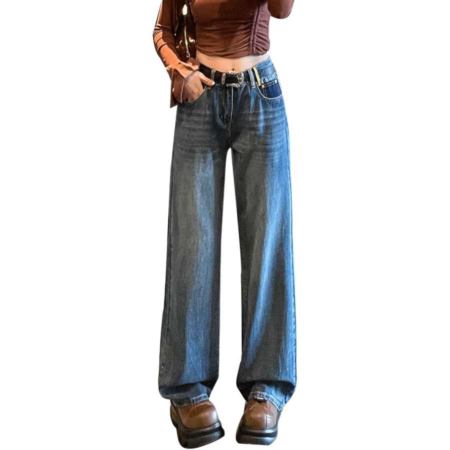 Tonlion Jeans Women's Medium Blue Thickened And Fleece Lined Wide Leg Pants