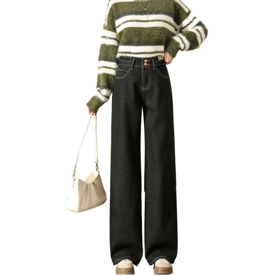 Tonlion Jeans Women's Black Thickened And Fleece Lined Wide Leg Pants