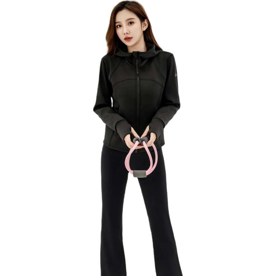 Barbie Fitness Sets Women's Night Shadow Black Hooded Thickened And Fleece Lined