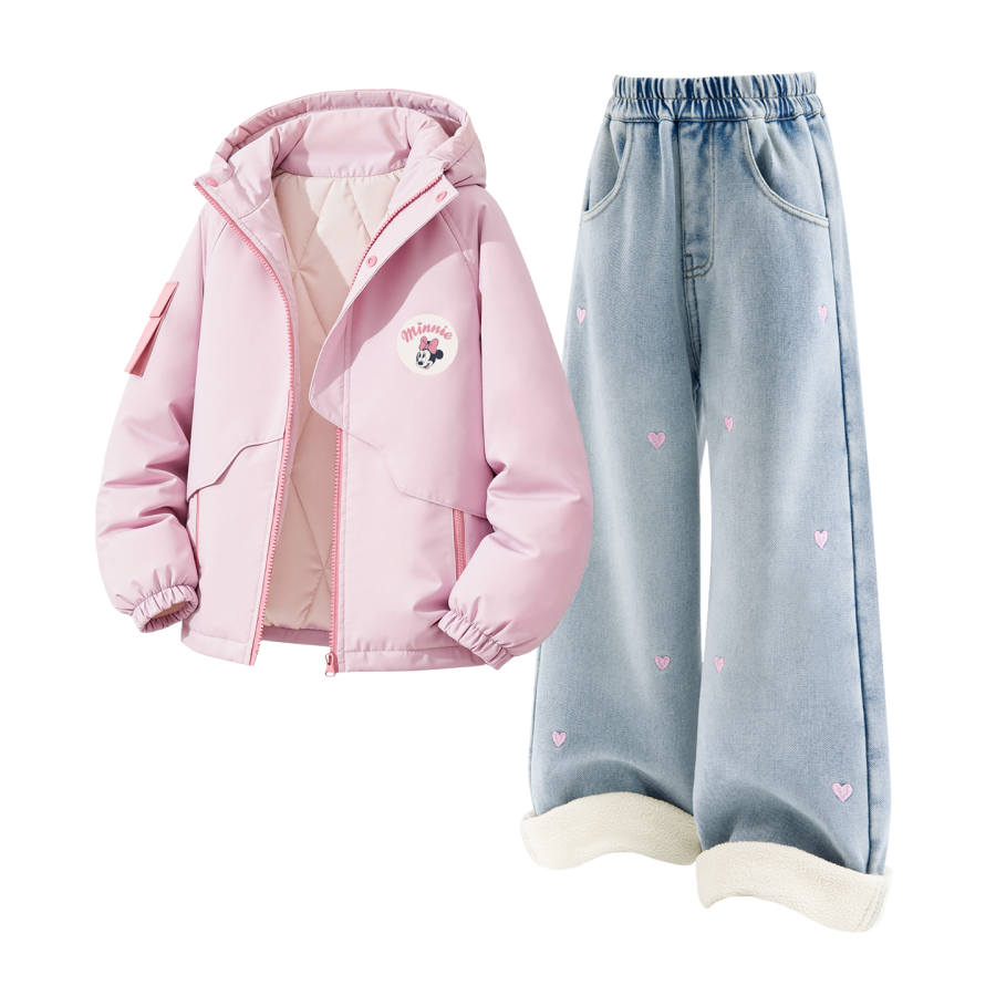 Disney Casual Sportswear Kids' Hooded Puffer Jacket Fleece Lined Pants Fall Winter