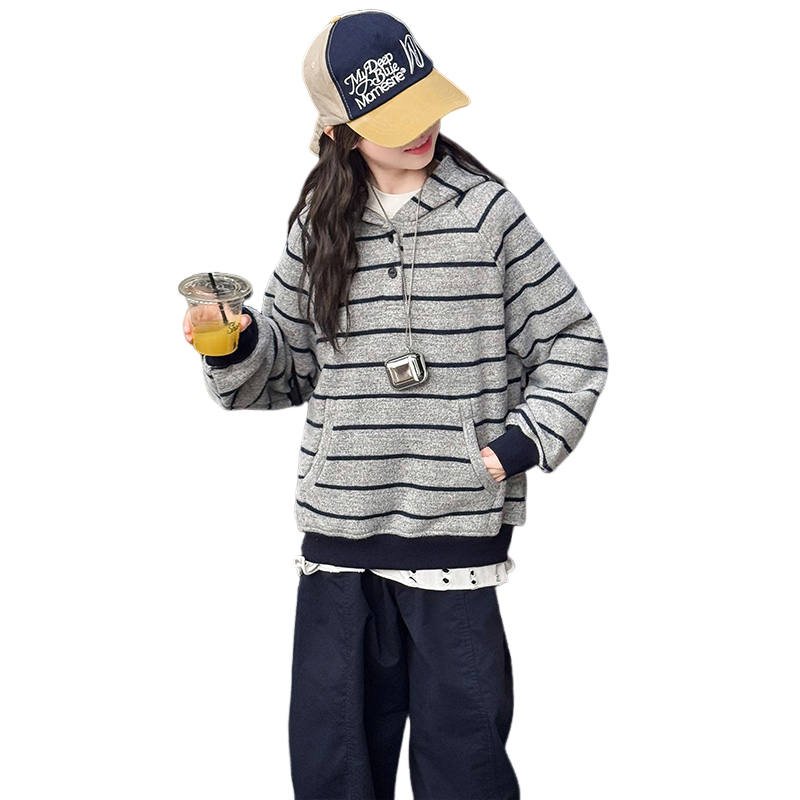 Lanza Casual Sweatshirt Winter Thickened And Fleece Lined Stripes Hooded Top Gray Teenagers