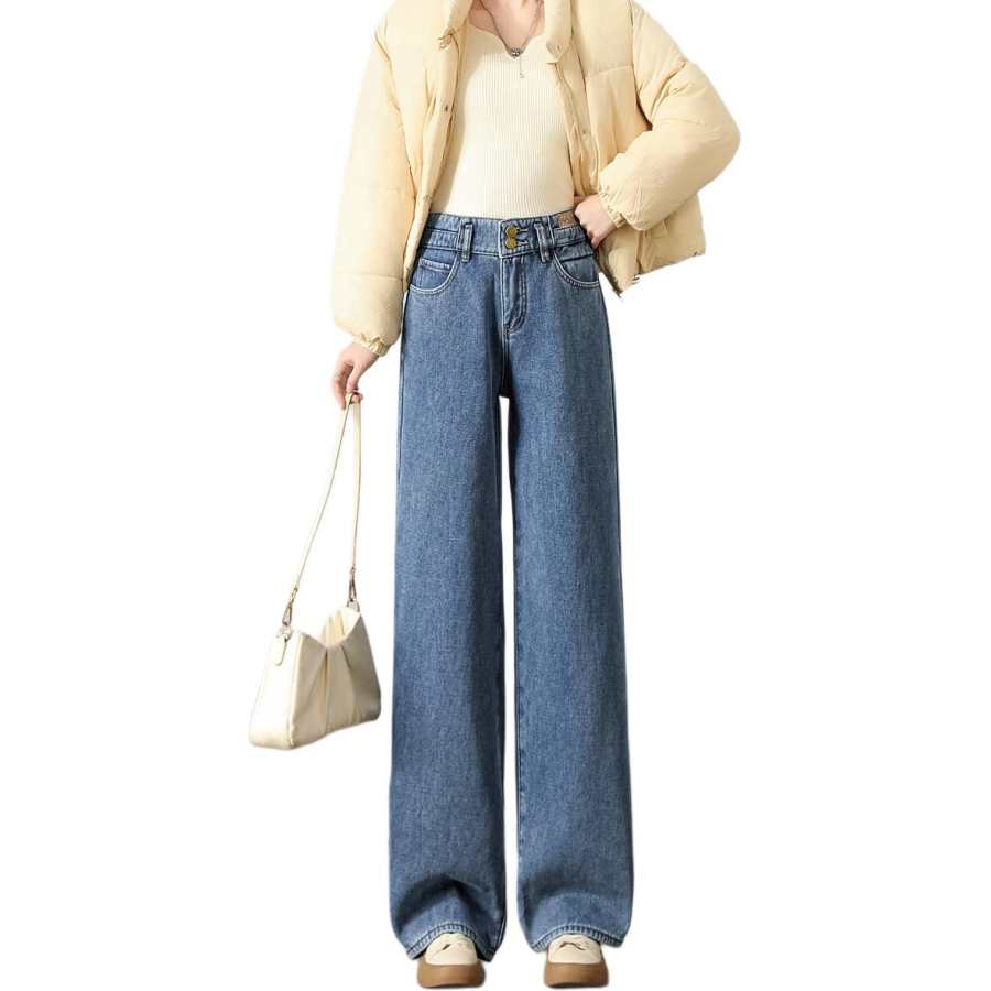 Tonlion Jeans Women's Medium Blue Thickened And Fleece Lined Wide Leg Pants