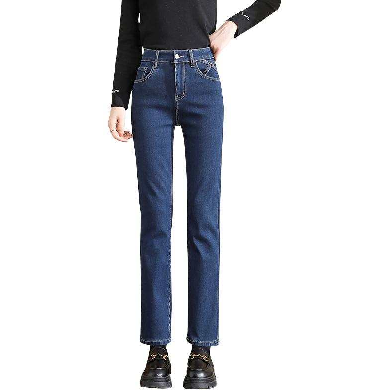 Tonlion Jeans Women's Medium Blue Thickened And Fleece Lined Straight Fit Pants