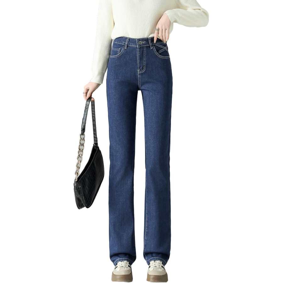 Tonlion Jeans Women's Medium Blue Thickened And Fleece Lined Straight Fit Pants