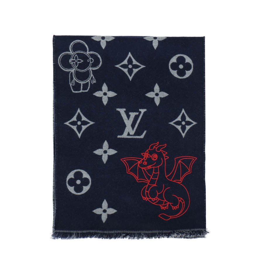LOUIS VUITTON LOUIS VUITTON Patterned Print MNG Sheep Wool Knit Scarves Men's Dark Blue