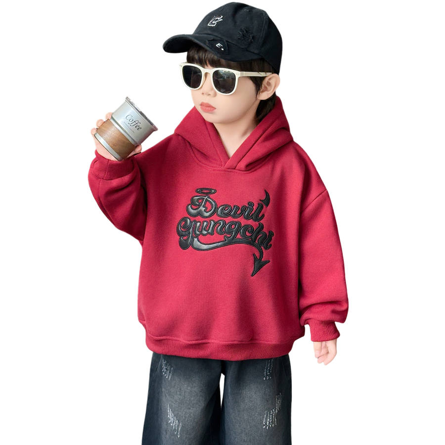 Lanza Casual Sweatshirt Winter Thickened And Fleece Lined Letter Print Top Red Children Aged 3 7 Years Old
