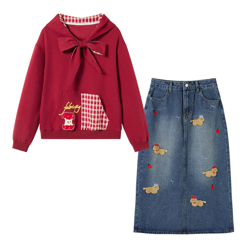 FABRIC PIG Two Piece Skirt Sets Women's Red Sweatshirt+Skirt Hooded Moderate Mid Length