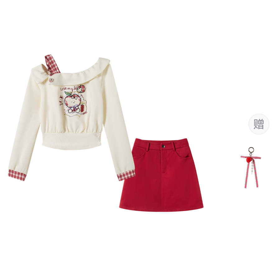 FABRIC PIG Two Piece Skirt Sets Women's Apricot Long Sleeved Top+Red Short Skirt+Comes With Charm Asymmetrical Collar Moderate Short