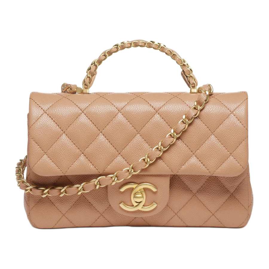 CHANEL Classic Flap CF Grain Embossed Shiny Calfskin & Gold Metal Handbag Mini Women's Camel