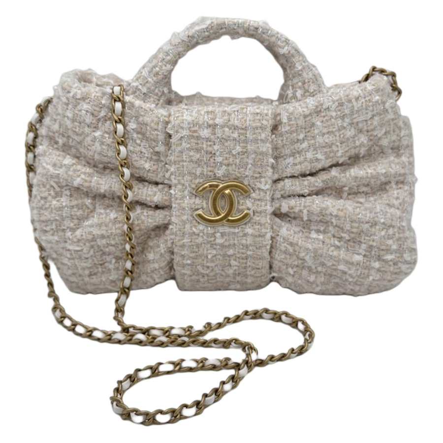 CHANEL Soft Tweed Material Gold Metal One Shoulder Handbag Women's Beige/White/Gray