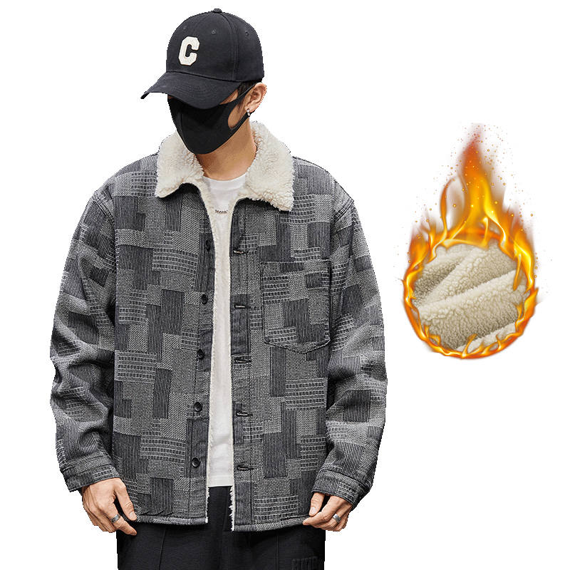 Tonlion Denim Jackets Unisex Black Lapel Thickened And Fleece Lined Patchwork