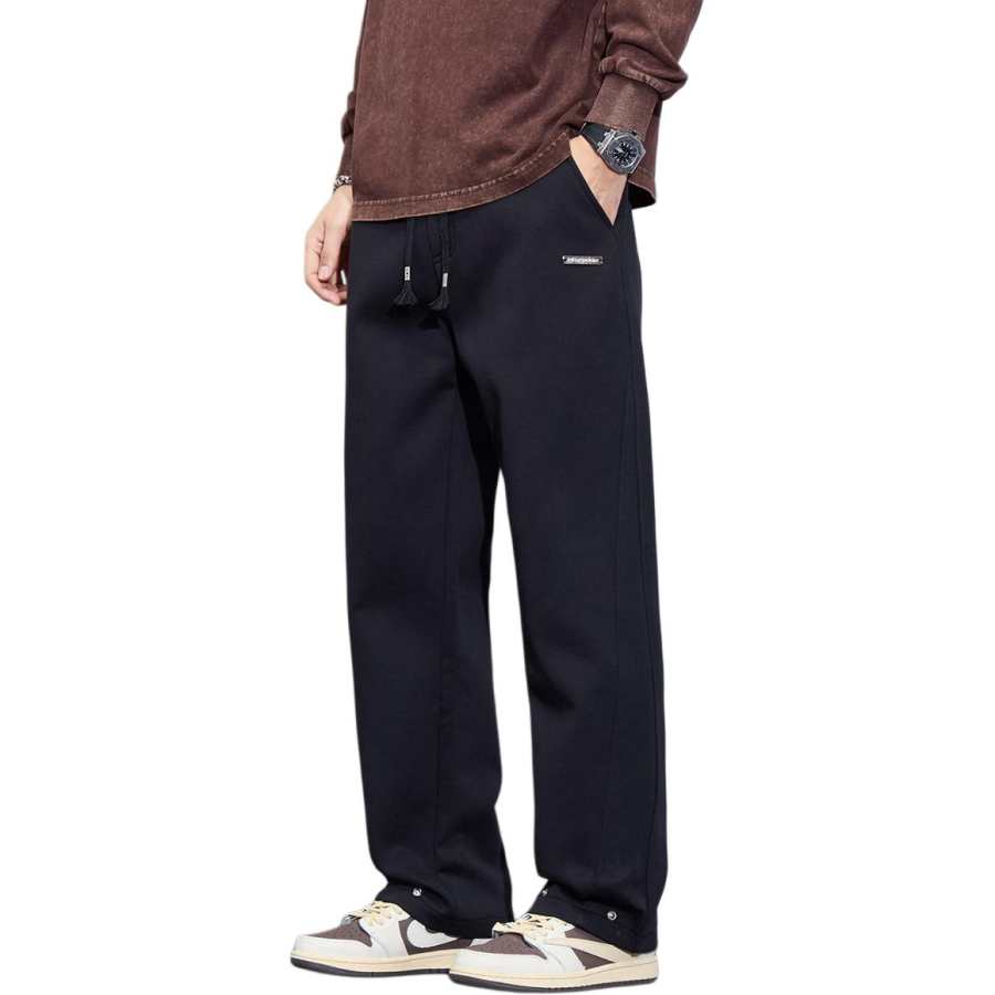 Tonlion Casual Pants Unisex Black Thickened And Fleece Lined Straight Fit Pants
