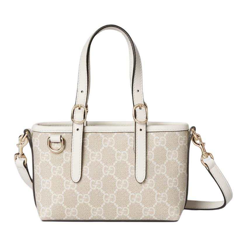 GUCCI GG Emblem Coated Fabric With Leather Handbag Mini Women's Beige Dual Combo White