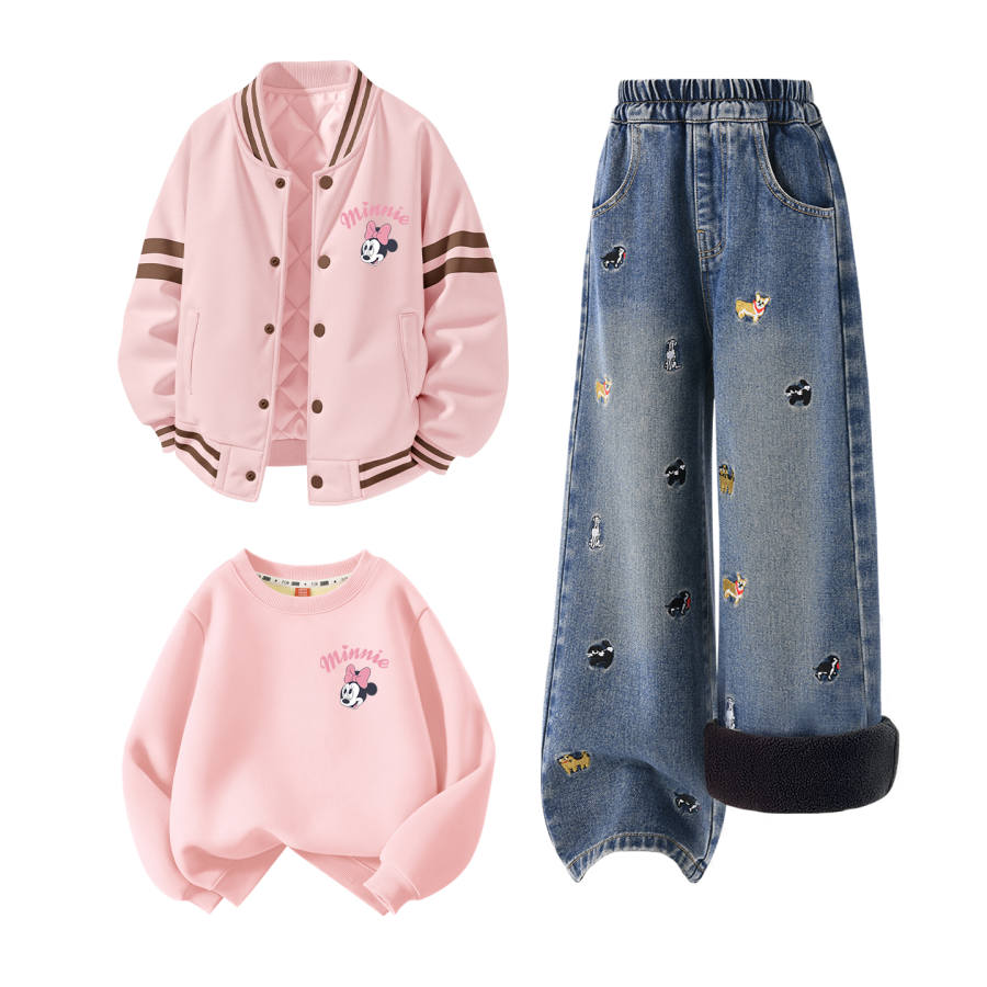 Disney Casual Sportswear Color Block Webbing Baseball Jacket With Lambs Wool Crew Neck Fleece Lined Pants Stylish