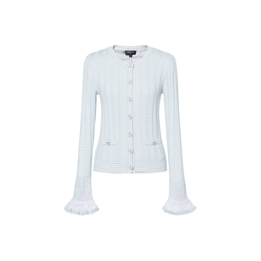 CHANEL Knitwear Women's Blue Crew Neck Moderate Cardigan