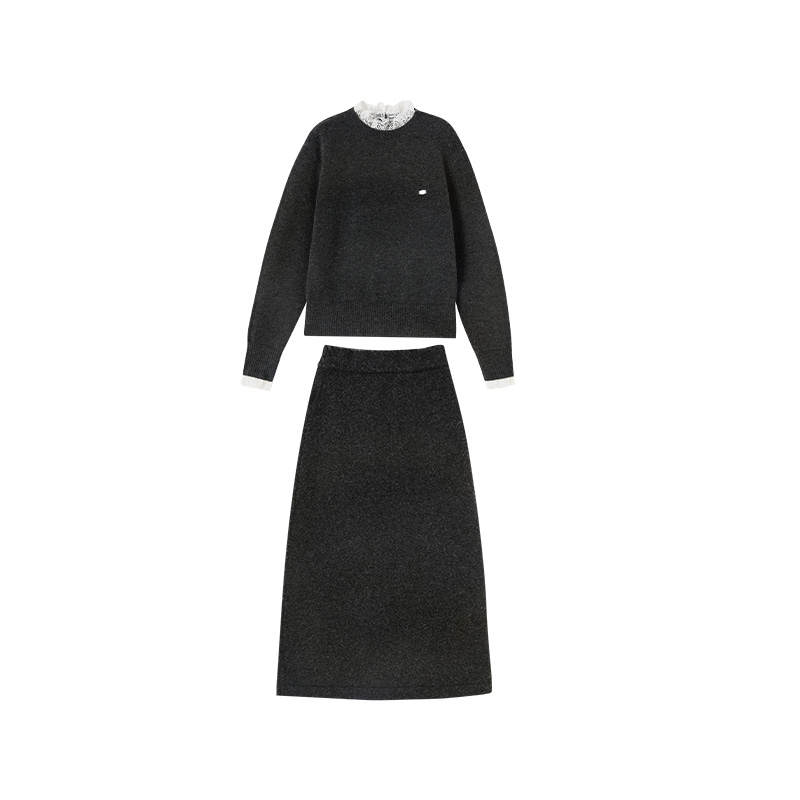 XIANGYING Two Piece Skirt Sets Women's Dark Gray Crew Neck Moderate Mid Length