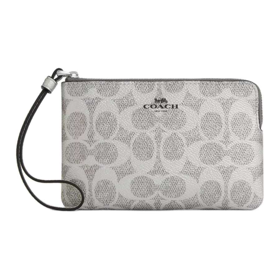 COACH Corner Zip Coated Canvas With Cross Grain Leather Clutch Small Women's Gray