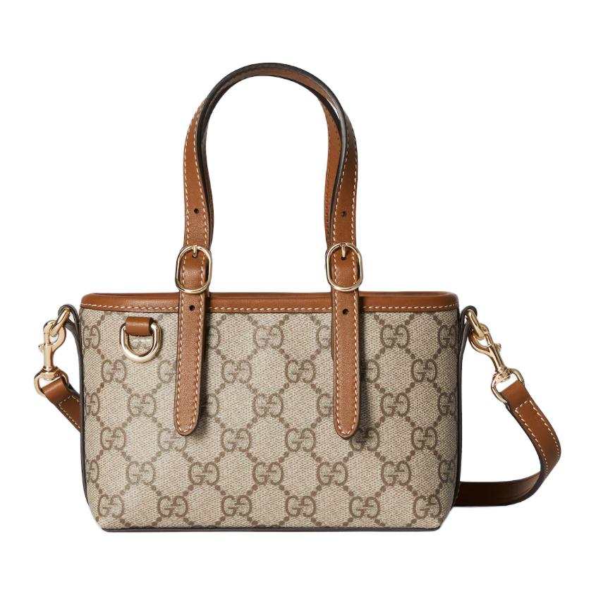 GUCCI GG Emblem Coated Fabric With Leather Handbag Mini Women's Beige Dual Combo Brown