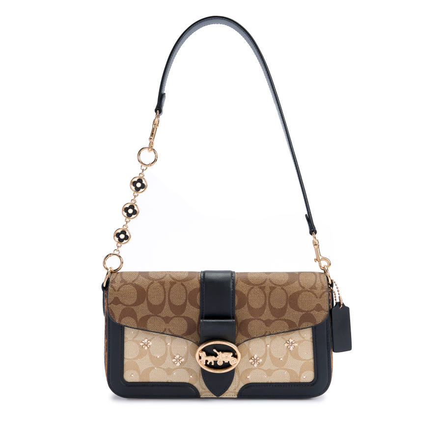 COACH Coated Canvas Shoulder Bag Large Women's Black & Khaki