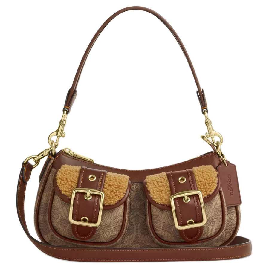 COACH Ashton Coated Canvas With Wool And Leather Crossbody One Shoulder Handbag Medium Women's Tan