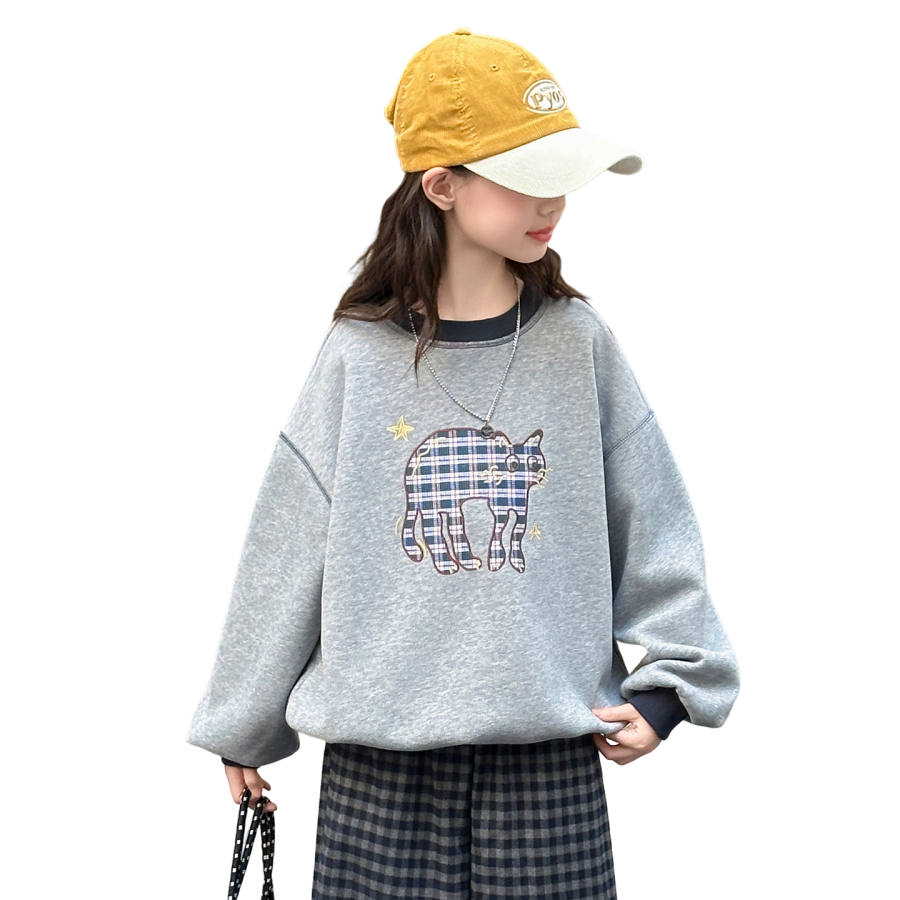 Lanza Casual Sweatshirt Winter Thickened And Fleece Lined Cartoon Kitten Top Gray Teenagers