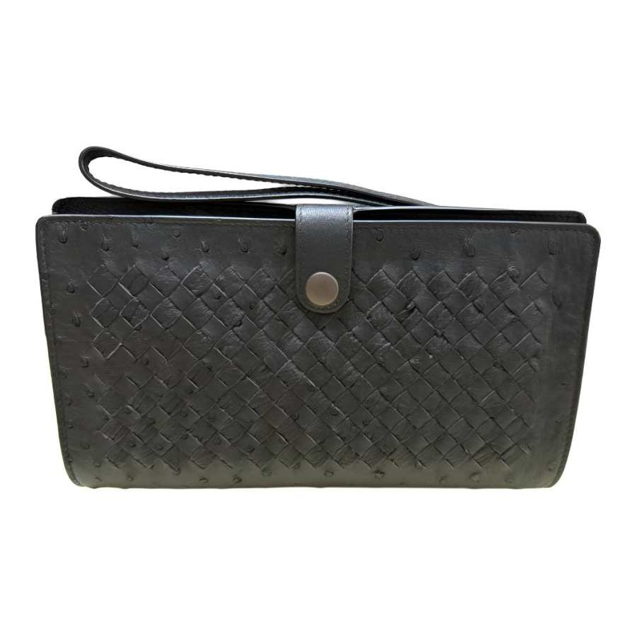 Bottega Veneta Intrecciato Ostrich Leather Clutch Men's Black