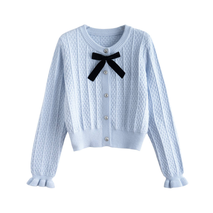 Tonlion Knitwear Women's Light Blue Crew Neck Moderate Cardigan