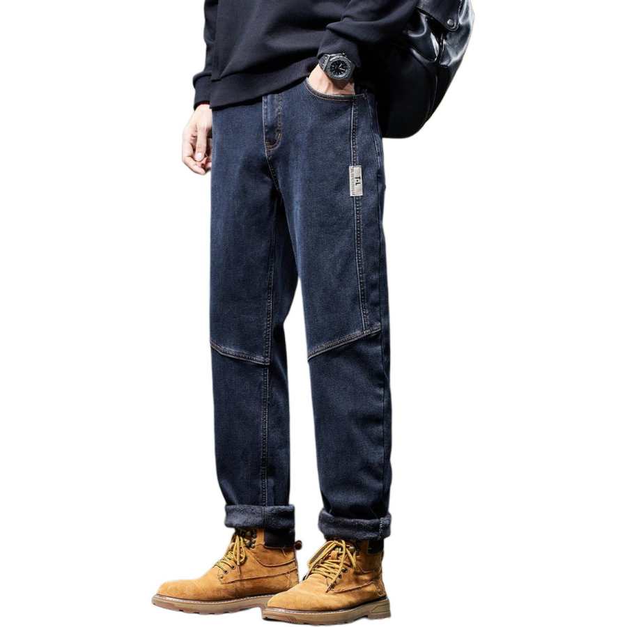 Tonlion Jeans Unisex Blue Gray Thickened And Fleece Lined Straight Fit Pants