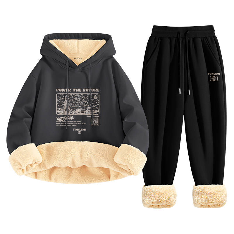 Tonlion Sweatshirt Sets Unisex Hooded Thickened