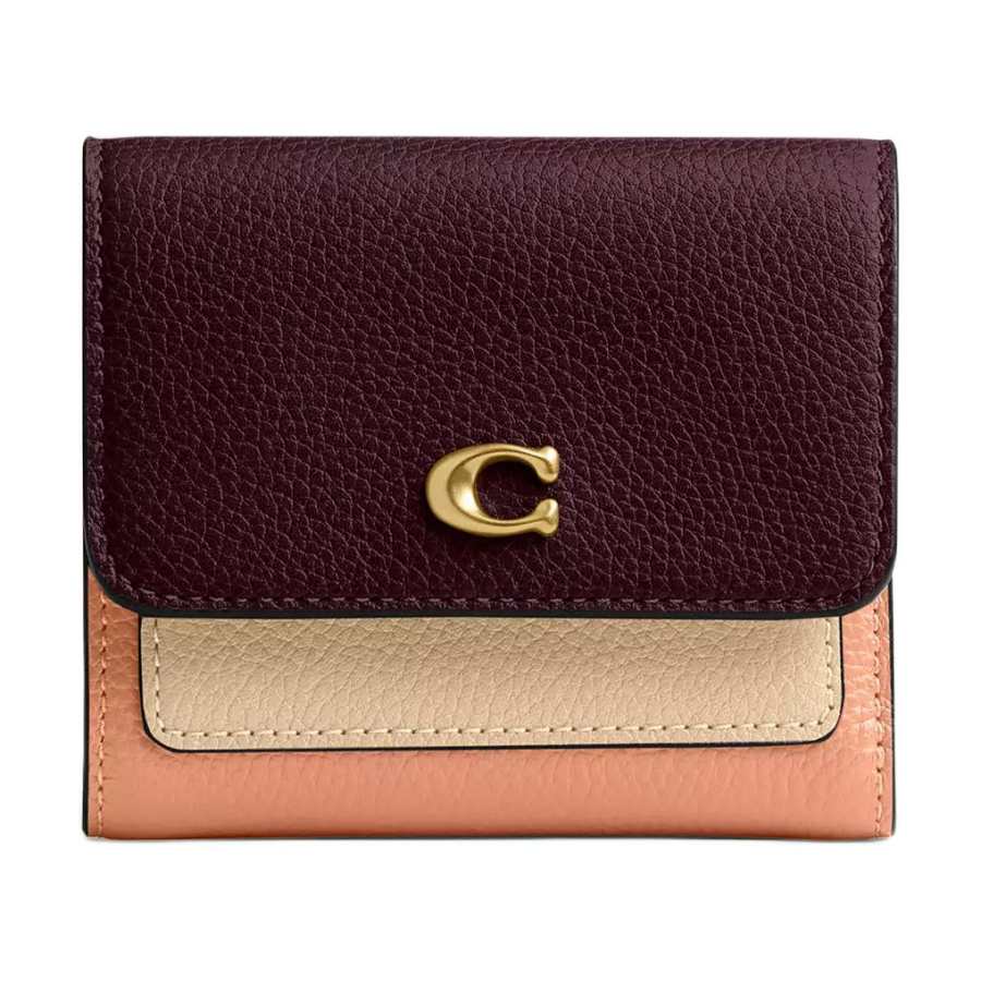 COACH Flap Polished Pebbled Leather Wallet Women's Burgundy