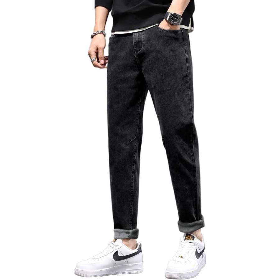 Tonlion Jeans Men's Black Thickened And Fleece Lined Pencil Pants
